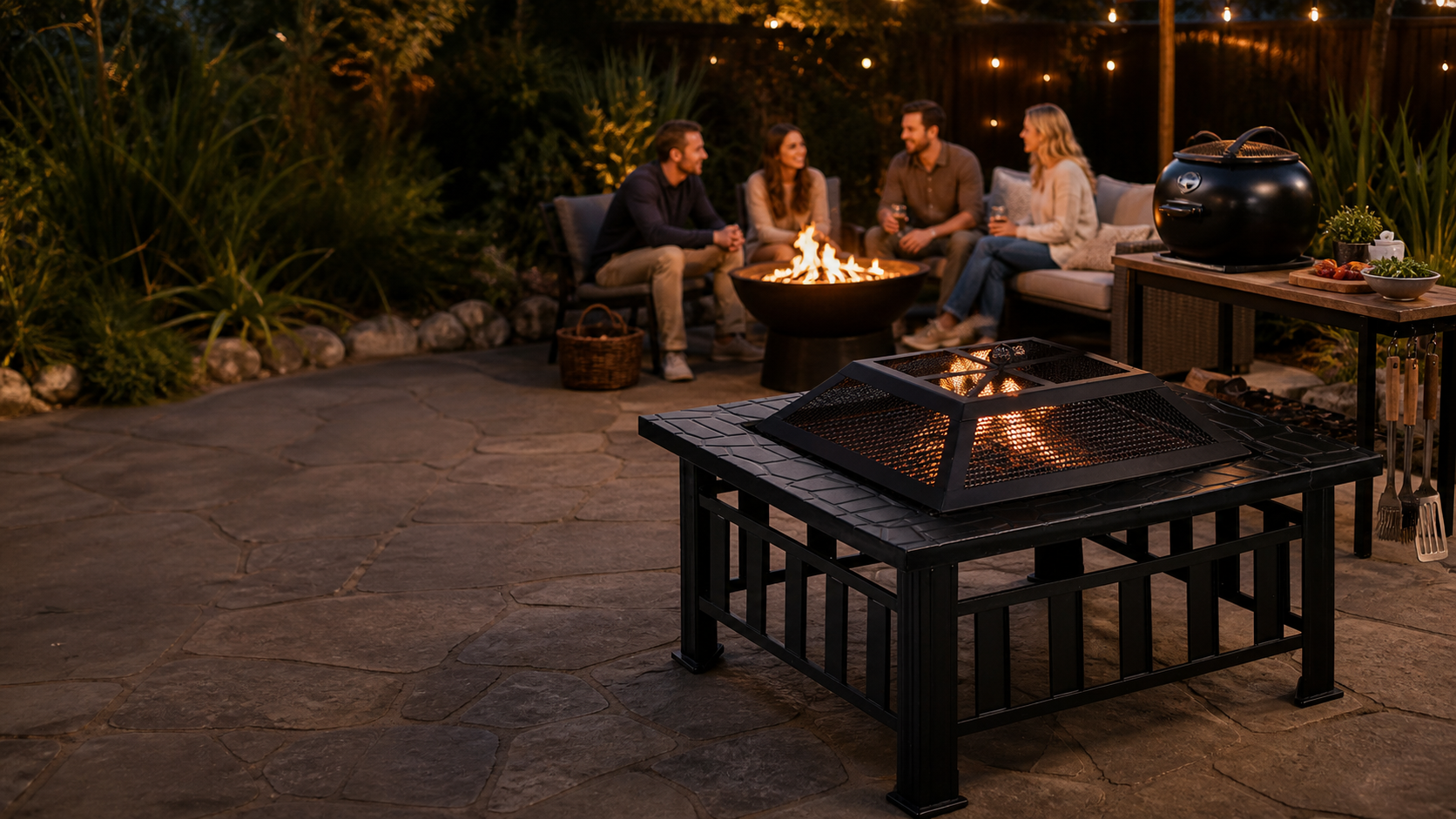 Square fire pit BBQ table with a fire bowl, portable grill and BBQ tools in an Australian backyard entertaining area.
