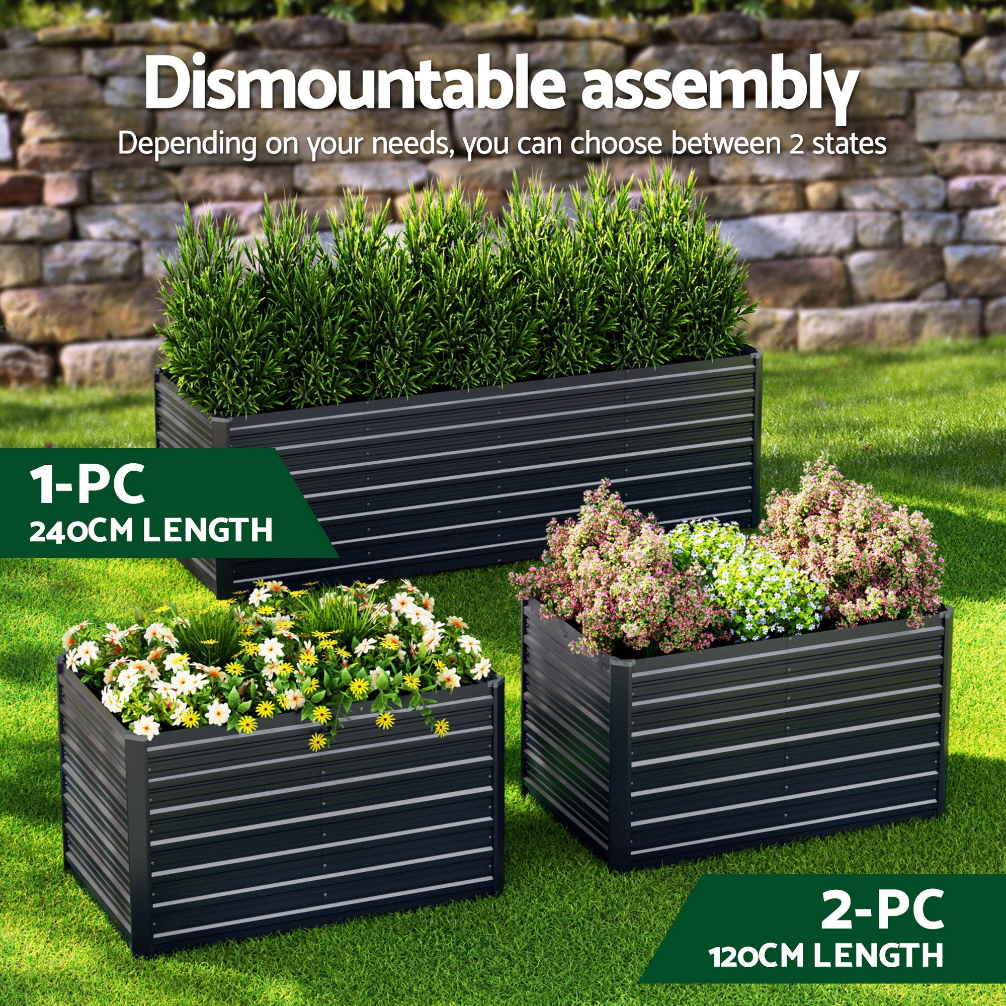 Green Fingers 2-in-1 Raised Garden Bed Kit 45cm Professional Depth Ergonomic 240cm Large Metal Planter Box | Easier Access Veggie Patch | Rust-Proof Galvanised Steel with Safe Rounded Corners & Gloves