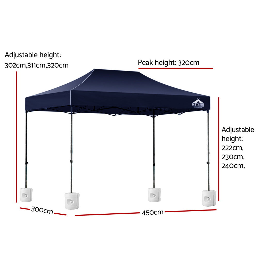 Instahut Gazebo Pop Up 3x4.5m w/Base Podx4 Marquee Folding Outdoor Wedding Camping Tent Shade Canopy Navy