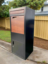Large Parcel letterbox with Back Door, Black with Timber grain, 15C